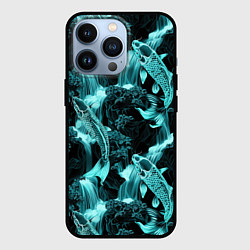 Чехол для iPhone 13 Pro Карпы кои и водопад - бирюзовый неон, цвет: 3D-черный