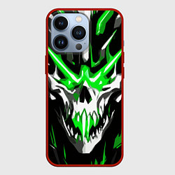 Чехол для iPhone 13 Pro Абстрактный белый череп и зелёные полосы, цвет: 3D-красный