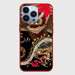 Чехол для iPhone 13 Pro Сова и змея - японский стиль, цвет: 3D-красный