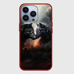 Чехол для iPhone 13 Pro Влюбленные волки в дыму, цвет: 3D-красный