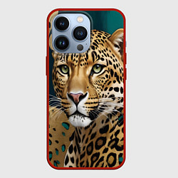 Чехол для iPhone 13 Pro Леопард на нефритовом фоне, цвет: 3D-красный