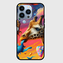 Чехол для iPhone 13 Pro Жираф в бабочке держит во рту рыбу - сюрреализм, цвет: 3D-черный