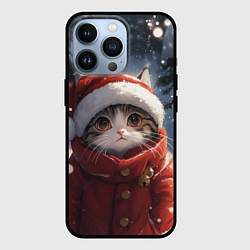 Чехол для iPhone 13 Pro Новогодний котик в зимнем лесу, цвет: 3D-черный