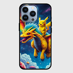 Чехол для iPhone 13 Pro Pikachu on a fabulous dragon - neon glow, цвет: 3D-черный