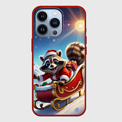 Чехол для iPhone 13 Pro Енот на санях, цвет: 3D-красный