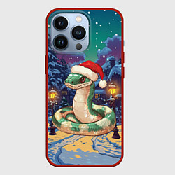 Чехол для iPhone 13 Pro Новогодняя змея в ночном городе, цвет: 3D-красный