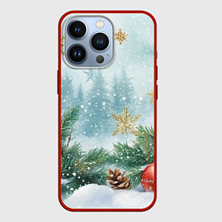 Чехол для iPhone 13 Pro Золотые снежинки - новогодний фон, цвет: 3D-красный