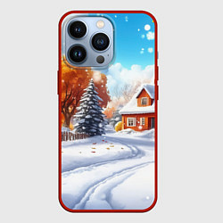 Чехол для iPhone 13 Pro Новогодний пейзаж и домики, цвет: 3D-красный