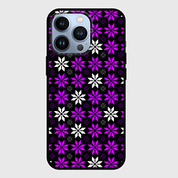 Чехол для iPhone 13 Pro Бело-фиолетовые звёзды на чёрном фоне, цвет: 3D-черный