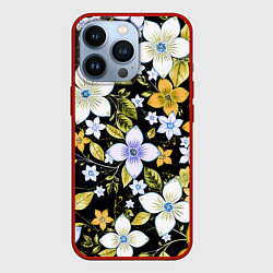Чехол для iPhone 13 Pro Жёлто-белые цветы на чёрном фоне, цвет: 3D-красный