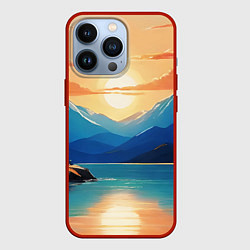 Чехол для iPhone 13 Pro Солнце озеро и горы, цвет: 3D-красный