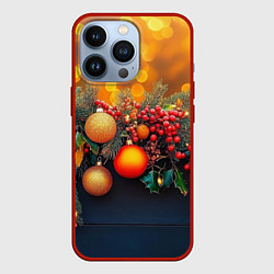 Чехол для iPhone 13 Pro Новогодние шары и рябина, цвет: 3D-красный