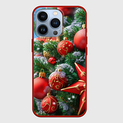 Чехол для iPhone 13 Pro Красные шары и звезда новогодняя, цвет: 3D-красный