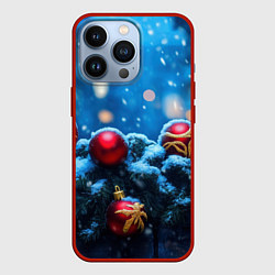 Чехол для iPhone 13 Pro Новогодняя ночь и красные шары, цвет: 3D-красный