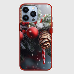 Чехол для iPhone 13 Pro Новогодние украшения на ветках, цвет: 3D-красный