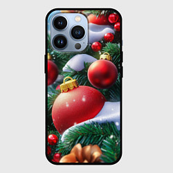 Чехол для iPhone 13 Pro Красные шары на зеленой елке, цвет: 3D-черный