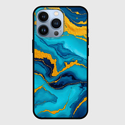 Чехол для iPhone 13 Pro Синяя абстракция с золотым, цвет: 3D-черный