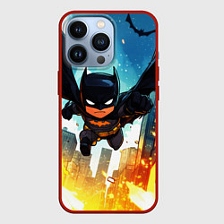 Чехол для iPhone 13 Pro Бэтмен летит по горящему городу, цвет: 3D-красный