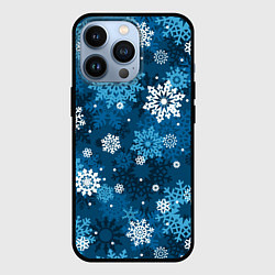 Чехол для iPhone 13 Pro Снежинки белые и голубые, цвет: 3D-черный