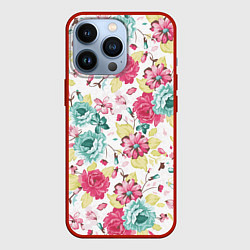 Чехол для iPhone 13 Pro Розы красные и бирюзовые, цвет: 3D-красный
