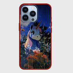Чехол для iPhone 13 Pro Синий единорог в кустах, цвет: 3D-красный