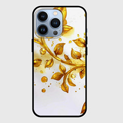 Чехол для iPhone 13 Pro Золотые листья на белом, цвет: 3D-черный