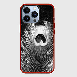 Чехол для iPhone 13 Pro Изогнутые белые перья павлина - чб иллюстрация, цвет: 3D-красный