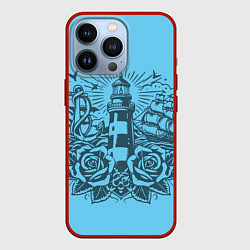 Чехол для iPhone 13 Pro Маяк с розами и кораблем, цвет: 3D-красный