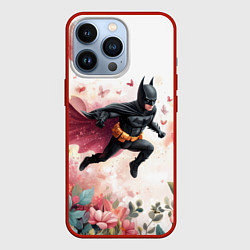 Чехол для iPhone 13 Pro Бэтмен прыгает над цветами и бабочками, цвет: 3D-красный