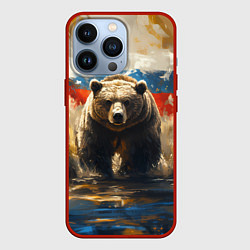 Чехол для iPhone 13 Pro Медведь и флаг РФ в поле, цвет: 3D-красный