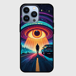 Чехол для iPhone 13 Pro НЛО в форме глаза и человек на дороге, цвет: 3D-черный