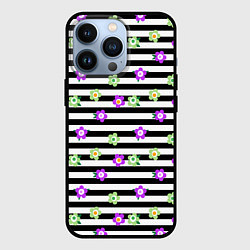 Чехол для iPhone 13 Pro Фиолетовые зеленый цветы на черно белом полосатом, цвет: 3D-черный