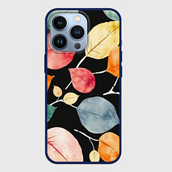 Чехол для iPhone 13 Pro Разноцветные акварельные листья на чёрном, AI, цвет: 3D-тёмно-синий