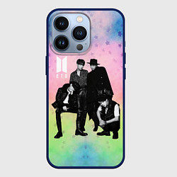 Чехол для iPhone 13 Pro BTS черно-белый стиль на радужном фоне, цвет: 3D-тёмно-синий
