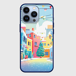 Чехол для iPhone 13 Pro Разноцветный новогодний дворик, цвет: 3D-тёмно-синий