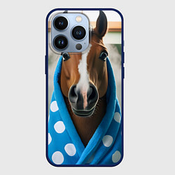 Чехол для iPhone 13 Pro Лошадь в ванной, цвет: 3D-тёмно-синий