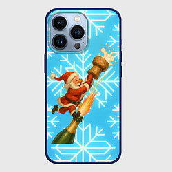 Чехол для iPhone 13 Pro Санта летит на пробке шампанского, цвет: 3D-тёмно-синий