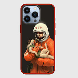 Чехол для iPhone 13 Pro Гагарин с лайкой, цвет: 3D-красный
