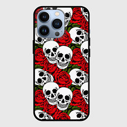 Чехол для iPhone 13 Pro Черепа в розах, цвет: 3D-черный