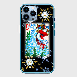 Чехол для iPhone 14 Pro Max Новый год дед мороз рассыпает снег, цвет: 3D-голубой