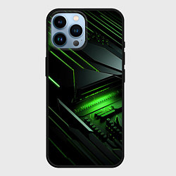 Чехол для iPhone 14 Pro Max Металл и зеленый яркий неоновый свет, цвет: 3D-черный
