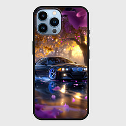 Чехол для iPhone 14 Pro Max БМВ и фиолетовые цветы, цвет: 3D-черный