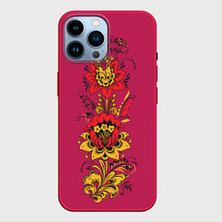 Чехол для iPhone 14 Pro Max Хохлома: цветы, цвет: 3D-малиновый