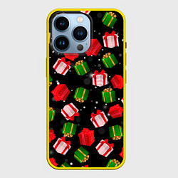 Чехол для iPhone 14 Pro Новогодние паттерн подарков, цвет: 3D-желтый