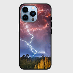 Чехол для iPhone 14 Pro Грозовые разряды молний над лесом, цвет: 3D-черный
