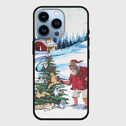Чехол для iPhone 14 Pro Санта Клаус и ёлка с котами, цвет: 3D-черный