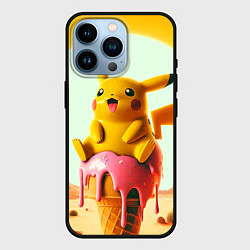 Чехол для iPhone 14 Pro Пикачу сидит на мороженом в пустыне, цвет: 3D-черный