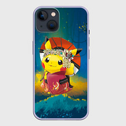 Чехол для iPhone 14 Пикачу гейша, цвет: 3D-светло-сиреневый