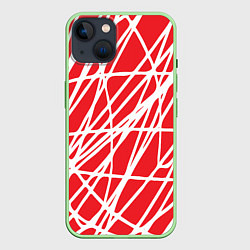 Чехол для iPhone 14 Белые линии на красном фоне Абстракция, цвет: 3D-салатовый
