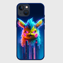 Чехол для iPhone 14 Кибер-Пикачу среди небоскрёбов - нейроарт, цвет: 3D-тёмно-синий
